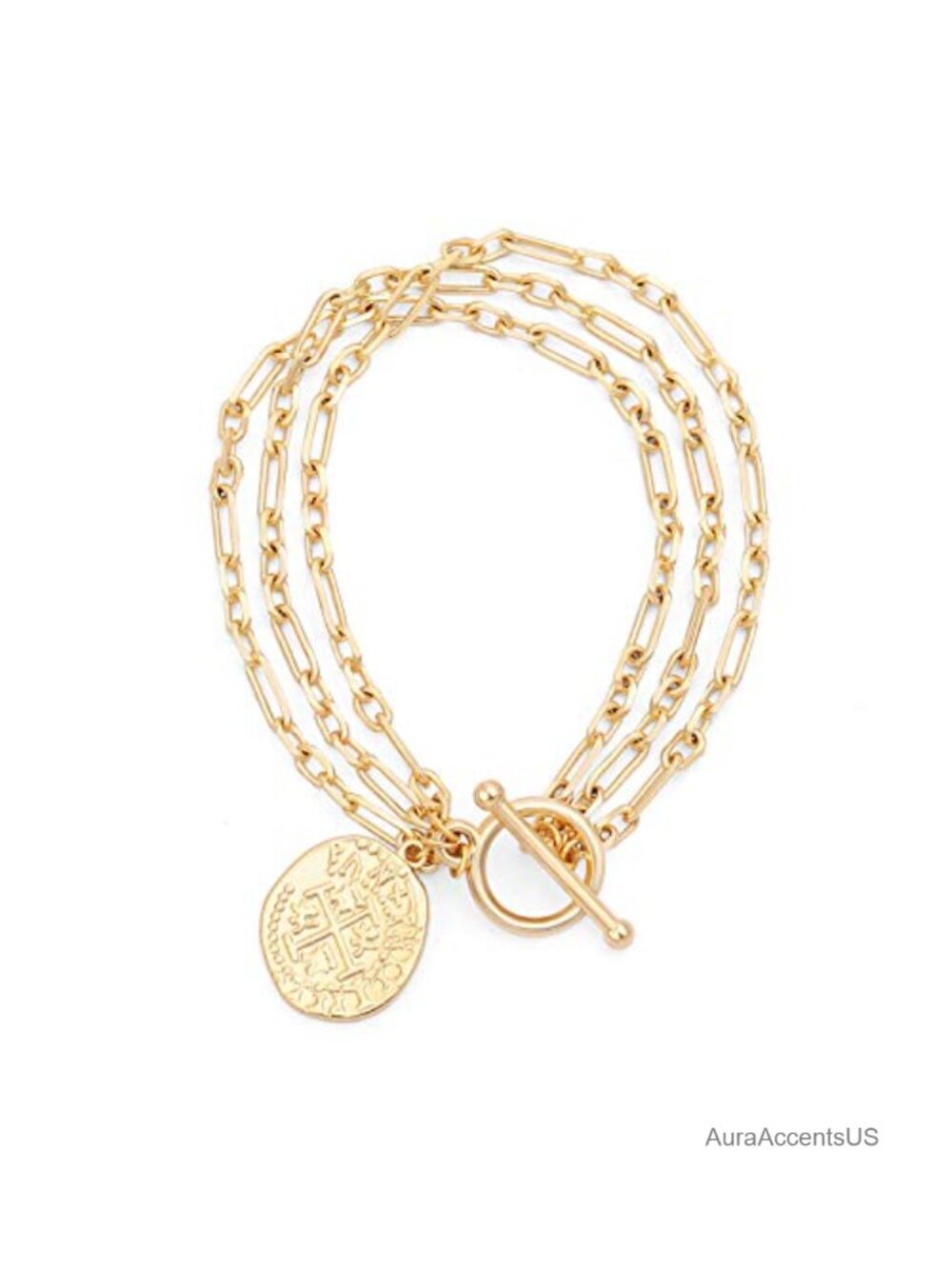 18k Gold Plated Layered Chain Bracelet with Toggle Clasp - Trendy Link Charm